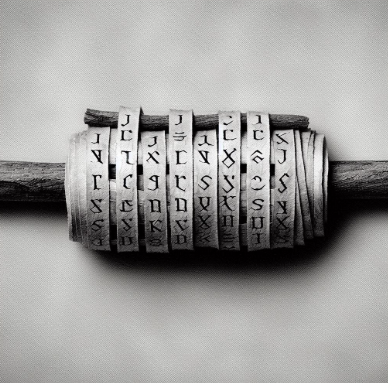 A scytale cipher An image of a scytale cipher, where the message is written on fabric wrapped around a piece of wood